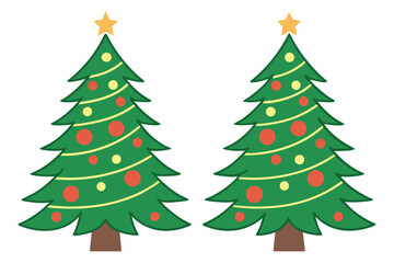 Two green Christmas trees decorated with red and yellow ornaments
