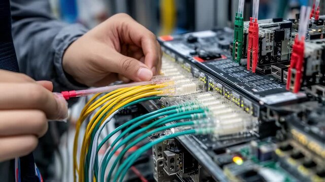 Network specialist connecting fiber optic cables to a network switch in a modern data center, ensuring seamless data transmission and high speed connectivity