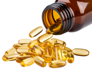 Close-Up of Golden Softgels Flowing from Brown Bottle on Glossy Surface, Isolated PNG