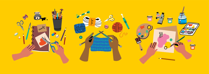 Hands engaged in diverse creative hobbies. Human arms actively making art, knitting, and crafting various projects. Diverse artisan tools handmade creations and DIY passion.