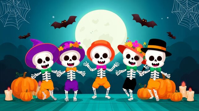 Five colorful skeletons on Halloween night. Spooky cartoon character, for greeting card, banner, poster, party invitation. Flat  illustration. - Powered by Adobe