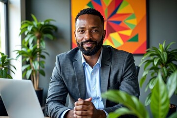 African American Professional Work Environment: A Man at His Desk with Lush Plants and Bright Artwork