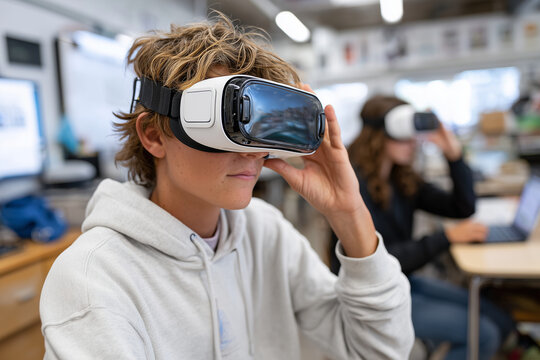 Teen boy using immersive VR headset in a minimalistic classroom, absorbed in virtual lesson,