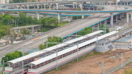 Small Ring of the Moscow Railways timelapse in Moscow, Russia. Shelepikha Station