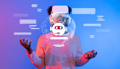 A person immersed in a virtual reality environment, interacting with a chatbot. The background...