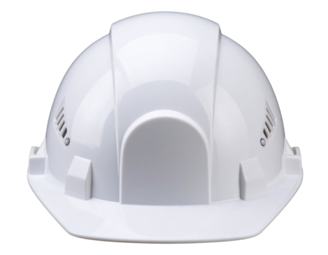 Close-Up of White Safety Helmet with Visible Ventilation Slots on Minimal Surface, Isolated PNG