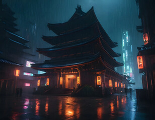 Cyberpunk temple, japanese abstract illustration, futuristic city, dystoptic artwork at night, 4k wallpaper. Rain moody empty future., night view of the temple
