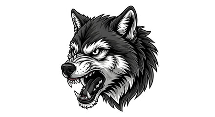 A snarling wolf's head, a fierce canine portrait in monochrome