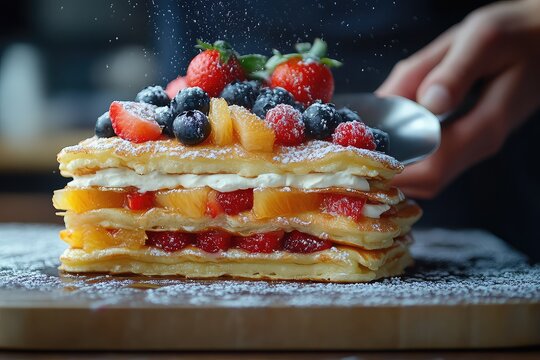 A close-up of a pancake being cut, revealing layers of fruit and cream inside