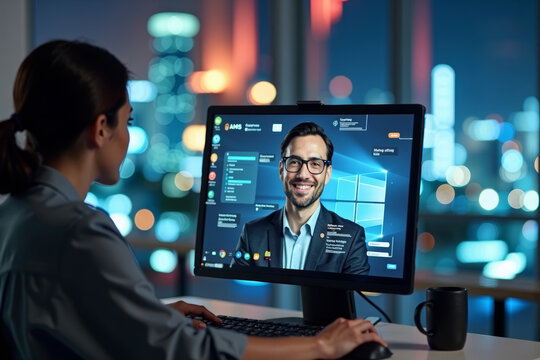 Attending a Virtual Conference Training Session with an Exciting Virtual Background on a Desktop Computer - Powered by Adobe
