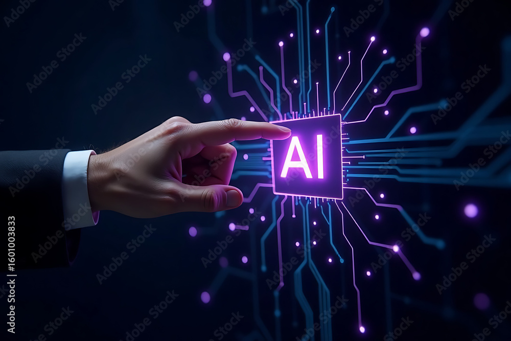 Poster a hand pointing to a purple square with the letters ai on it. concept of technology and innovation, 