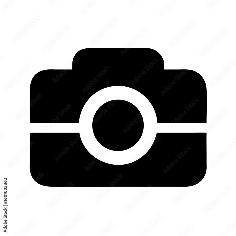 Poster vector art of a simple minimalist black icon representing a camera with a circular lens and a horizo