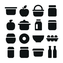 Food preparation silhouette icons kitchenware and food items vector illustration black and white design