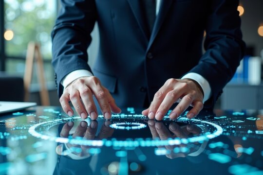 Businessman's Hands Typing on Holographic Keyboard in Virtual Reality Office Space - Powered by Adobe