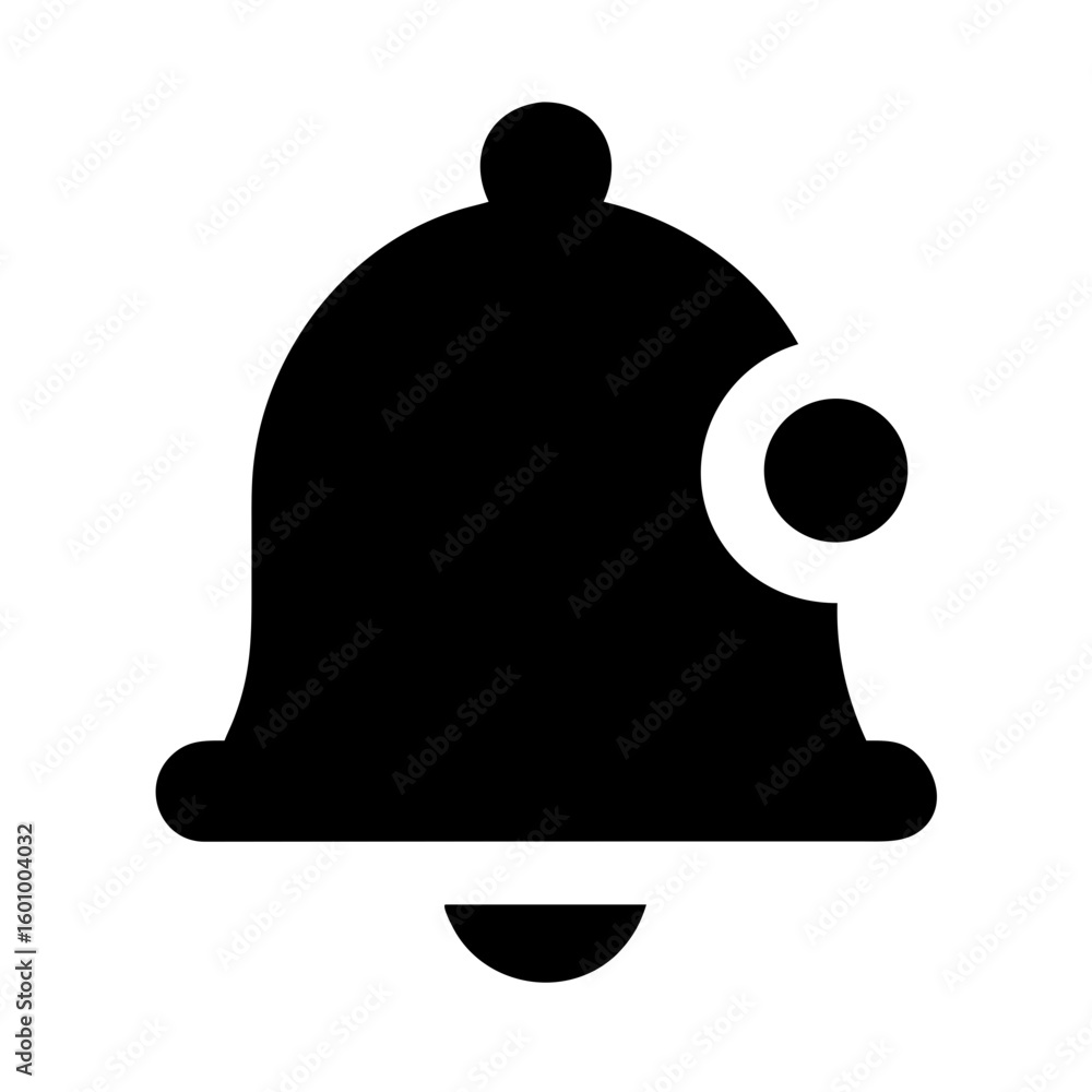 Poster vector art of a simple black silhouette of a notification bell icon with a circular accent on a whit