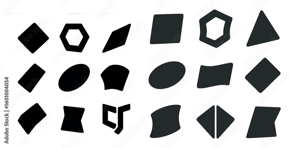 Poster collection of black shapes, including squares, triangles, and rectangles. the shapes are arranged in