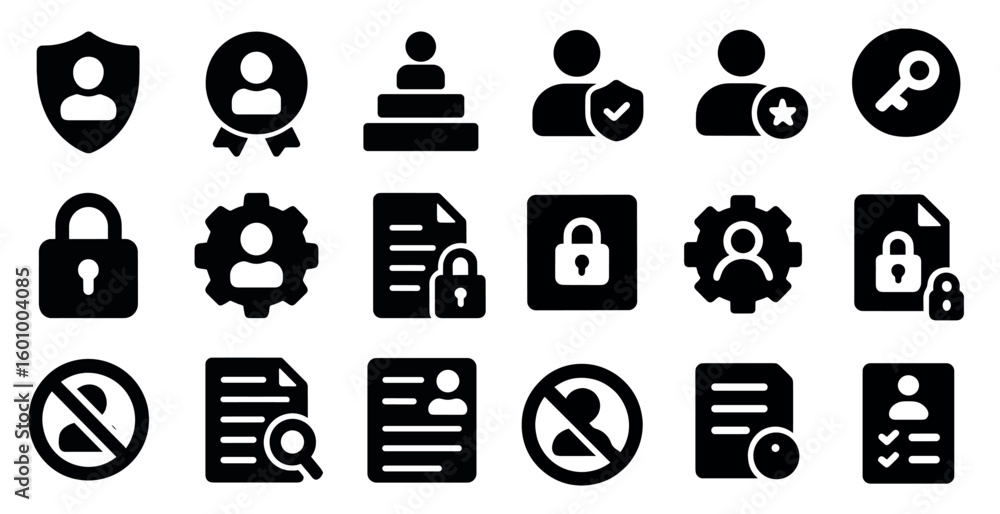 Poster set of icons for a computer program. the icons include a key, a lock, a person, and a star