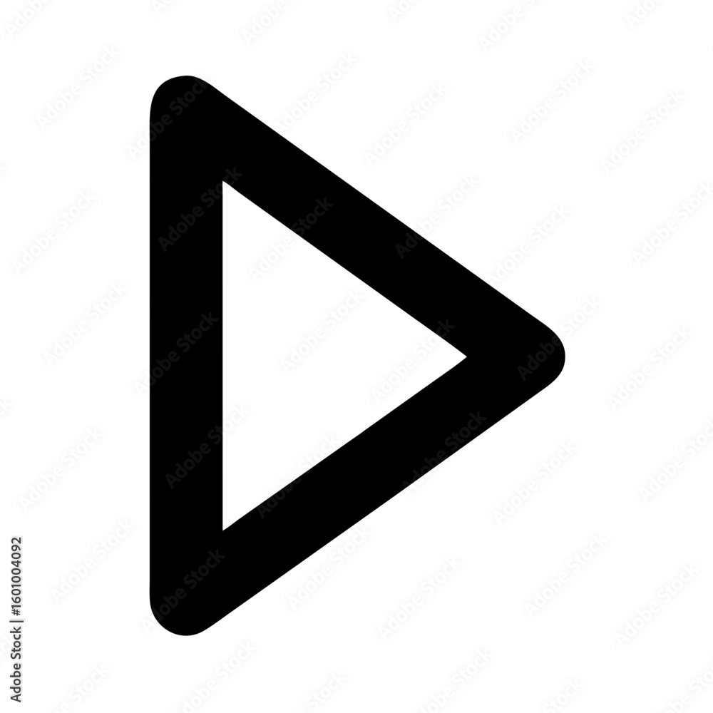 Poster vector art of a simple black play button icon with a rounded triangle shape is isolated on a clean w