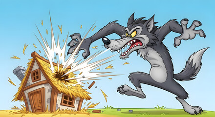Big Bad Wolf Destroying a Straw House