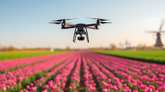 Flying drone over vibrant pink tulips in bloom against a clear sky with a windmill in the background. Capturing technology and nature's beauty. - Powered by Adobe