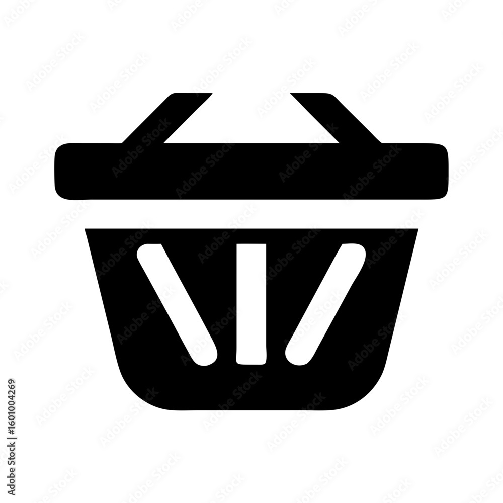 Poster vector art of a simple black icon of a shopping basket with handles and a slatted design on a white 