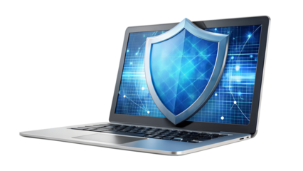 A laptop displays a digital shield on its screen symbolizing cybersecurity and internet protection on a transparent background
