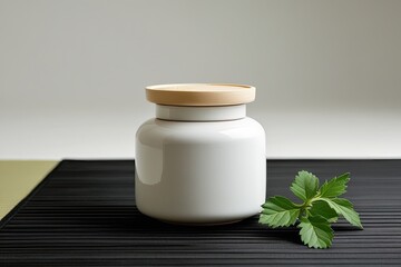 Elegant White Ceramic Jar with Wooden Lid on Dark Mat