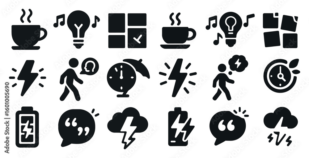 Poster collection of icons that represent different activities and moods. some of the icons include a perso