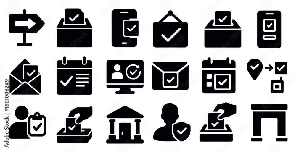 Poster collection of black and white icons that represent various forms of communication and voting. the ic