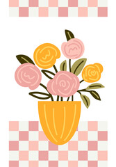 trend,  abstract roses, a botanical vase with flowers in a minimalist style. naive hand-drawn art. for print, banners, postcards, business ideas. modern pink background, art png illustration 