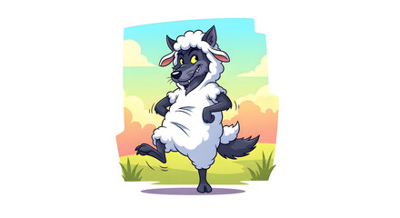 Mischievous Wolf in Sheep's Clothing Cartoon Illustration