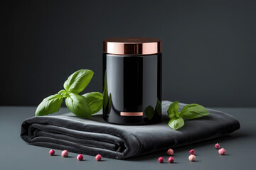 Modern Black Jar with Copper Lid and Fresh Herbs