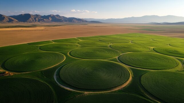 Irrigated farmlands from above, center-pivot designs forming green circles in dry landscapes