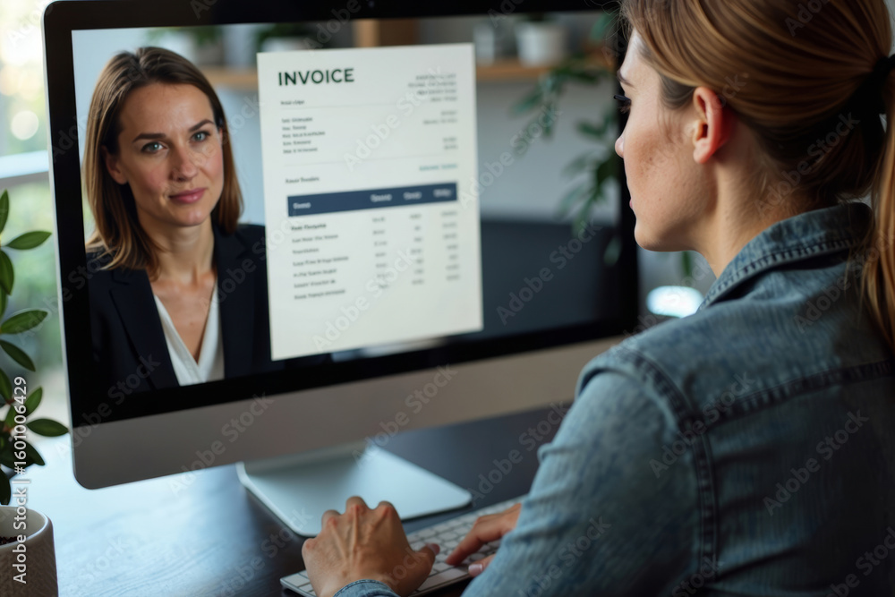 Poster analyzing a digital e-invoice: reflecting a woman's face on a computer screen through online softwar