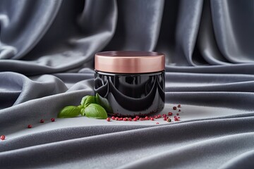 Luxurious Black Cosmetic Jar with Rose Gold Lid on Gray Silk