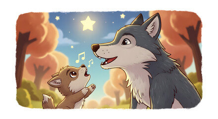 A Wolf and Pup's Evening Serenade Underneath the Stars