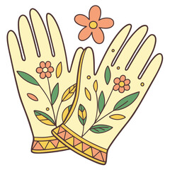 Fototapeta premium A pair of yellow gardening gloves decorated with colorful flowers and green