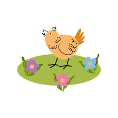 Easter card with cute chicken and flowers in meadow. Perfect for spring holiday cards, banner, invitation, poster, web design, printable decor. Holiday vector flat illustration.
