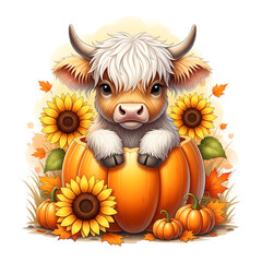 Cute Highland Cow in Pumpkin with Sunflower – Fall PNG Clipart

