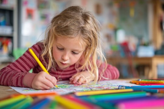 A young girl focused on her drawing uses vibrant crayons on construction paper to illustrate her dream classroom. The creative atmosphere encourages her imagination and artistic expression