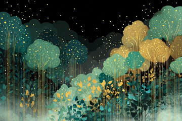 A vector illustration of a bioluminescent Papua New Guinea forest with glowing vine trails