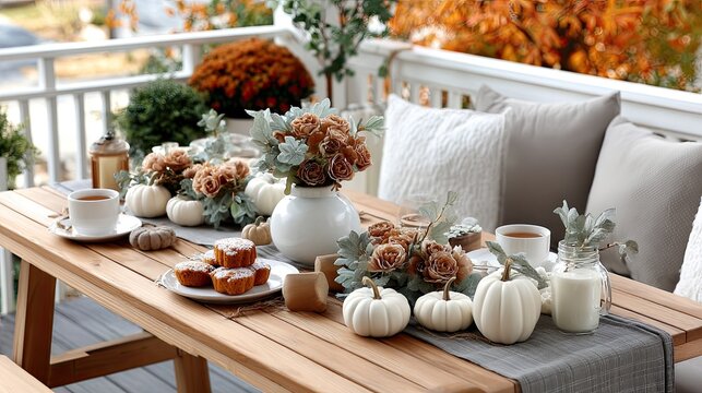 Beautifully arranged table featuring pumpkin cake, tea, and milk jar, set in a vibrant garden filled with autumn colors and decorations - Powered by Adobe