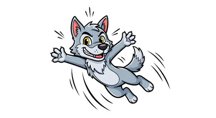 Playful Cartoon Wolf in mid-air, joyful expression, dynamic pose