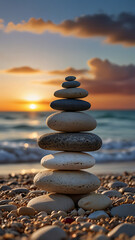 Stone Tower on Seashore: A precisely balanced tower of smooth stones stands on a serene shoreline, the warm hues of a setting sun painting the sky, mirroring a sense of harmony and inner peace.