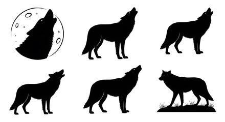Six Silhouettes of Howling Wolves