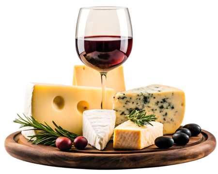 Elegant cheese platter with assorted cheeses, black olives, and a glass of red wine on a wooden table, perfect for wine and cheese lovers.