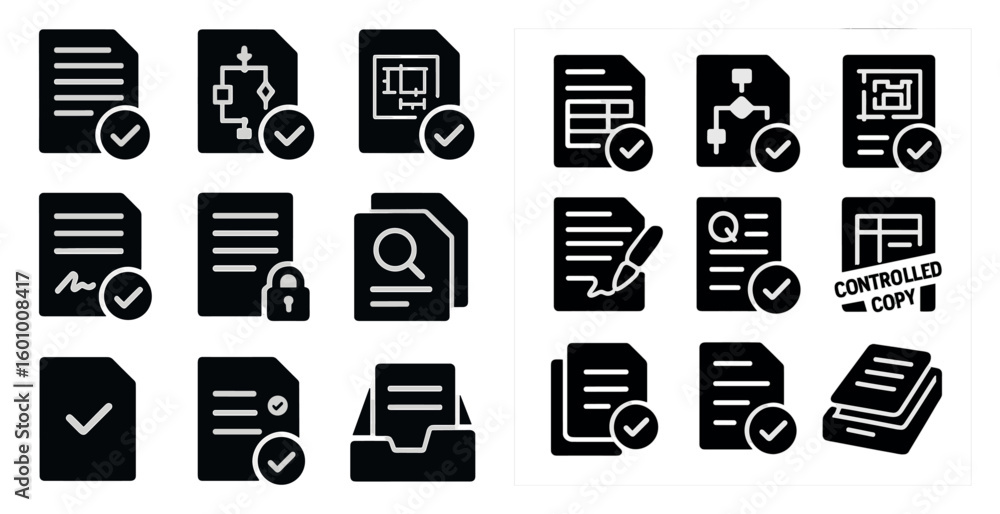 Fototapete set of icons for various documents, including a checkmark for a document that is marked as controlle