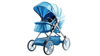 Blue baby stroller with canopy awaiting a passenger on white background

