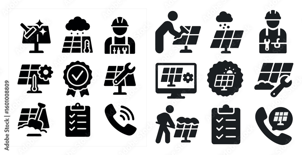 Poster the image is a collection of black and white icons that represent various professions and services. 