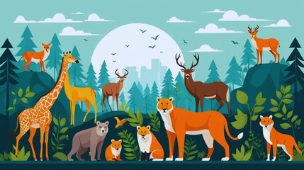 Isolated vector illustration concept of wild animals protection. Depicts wildlife preservation, biodiversity protection, and saving endangered species. Features various wild animals 